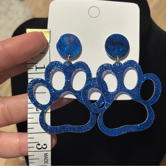 Cute Resin Cat Paw Stud Dangle Glitter Hook Earrings - Kitty Paw Earring BLUE - Picture 7 of 7
